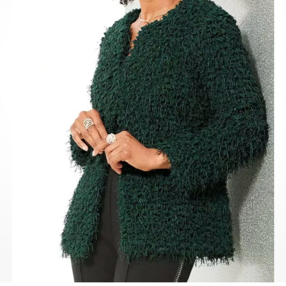 ZARA.  Teddy, Emerald Green Open Jacket. Warm and Cozy. Size Large. Fully lined. - Picture 2 of 14